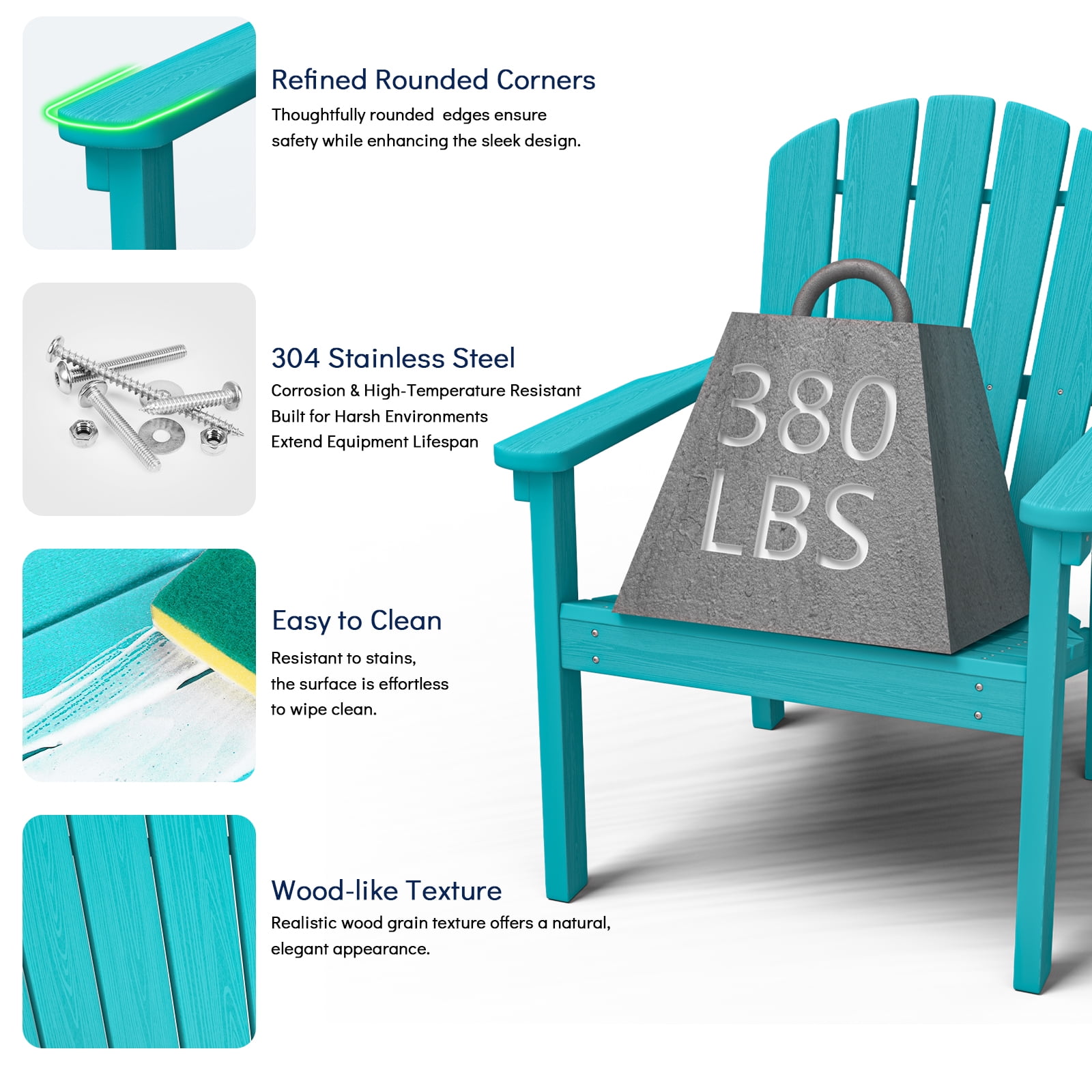 Cobiod Stackable Adirondack Chair Set of 4, HDPE All-Weather Patio Chair, Wood Grain Ergonomic Dining Chair for Fire Pit & Backyard, Aruba