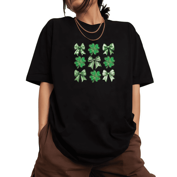 Black Green Clover Bow Mix Print Tshirt St Patricks Day Graphic Tees Loose Fit Shirts Festive Lucky Themed Daily Casual Tops S-5XL