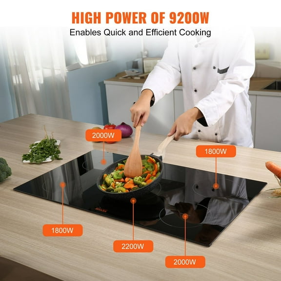 9200W 36-Inch Induction Cooktop, 5 Burners, 9 Heating Levels, Over-Temp Protection & LED Touch Panel