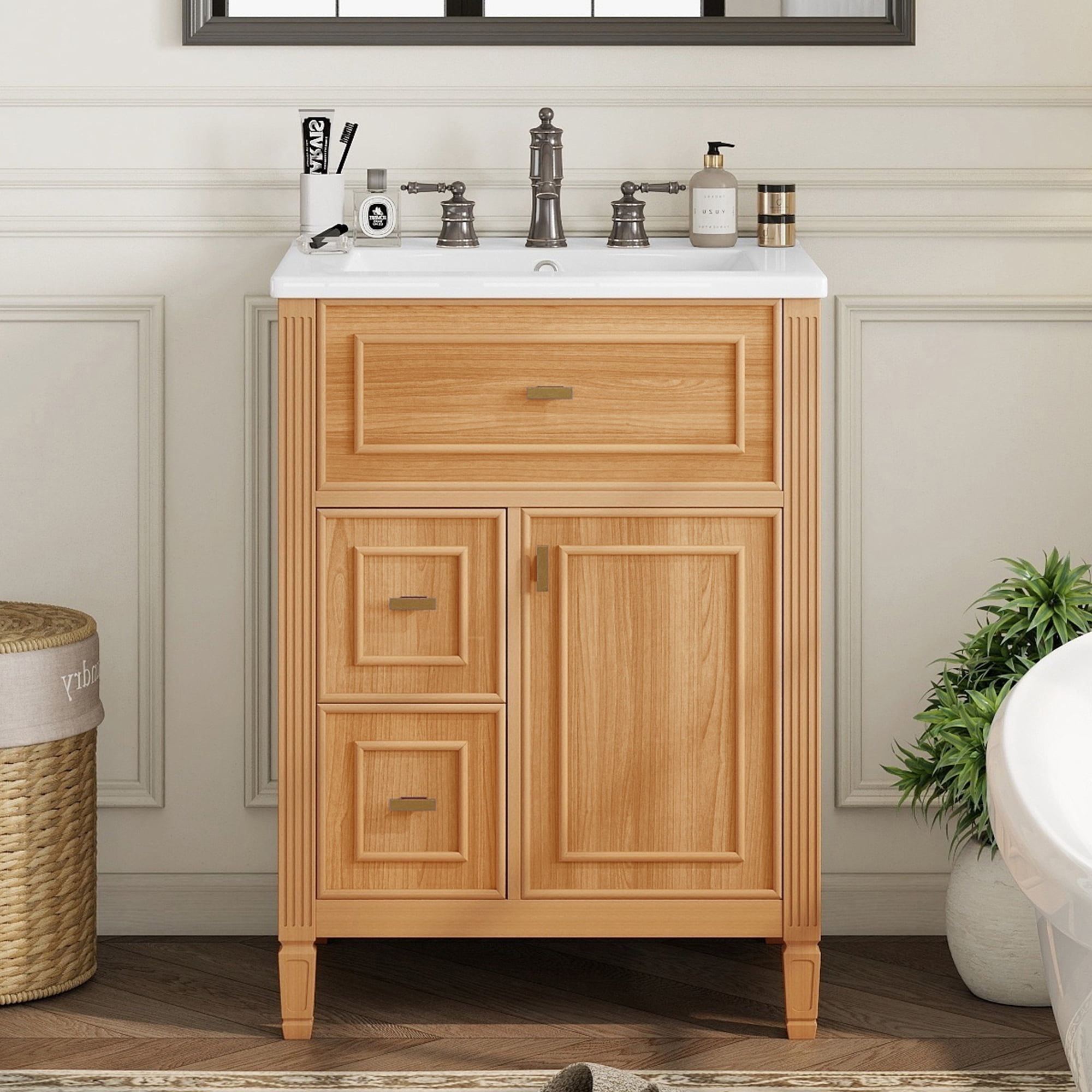 Euroco 24" Bathroom Vanity with Sink, Bathroom Vanity Cabinet with One Flip Drawer and Two Drawers, Adjustable Shelf, Solid Wood and MDF, Wood