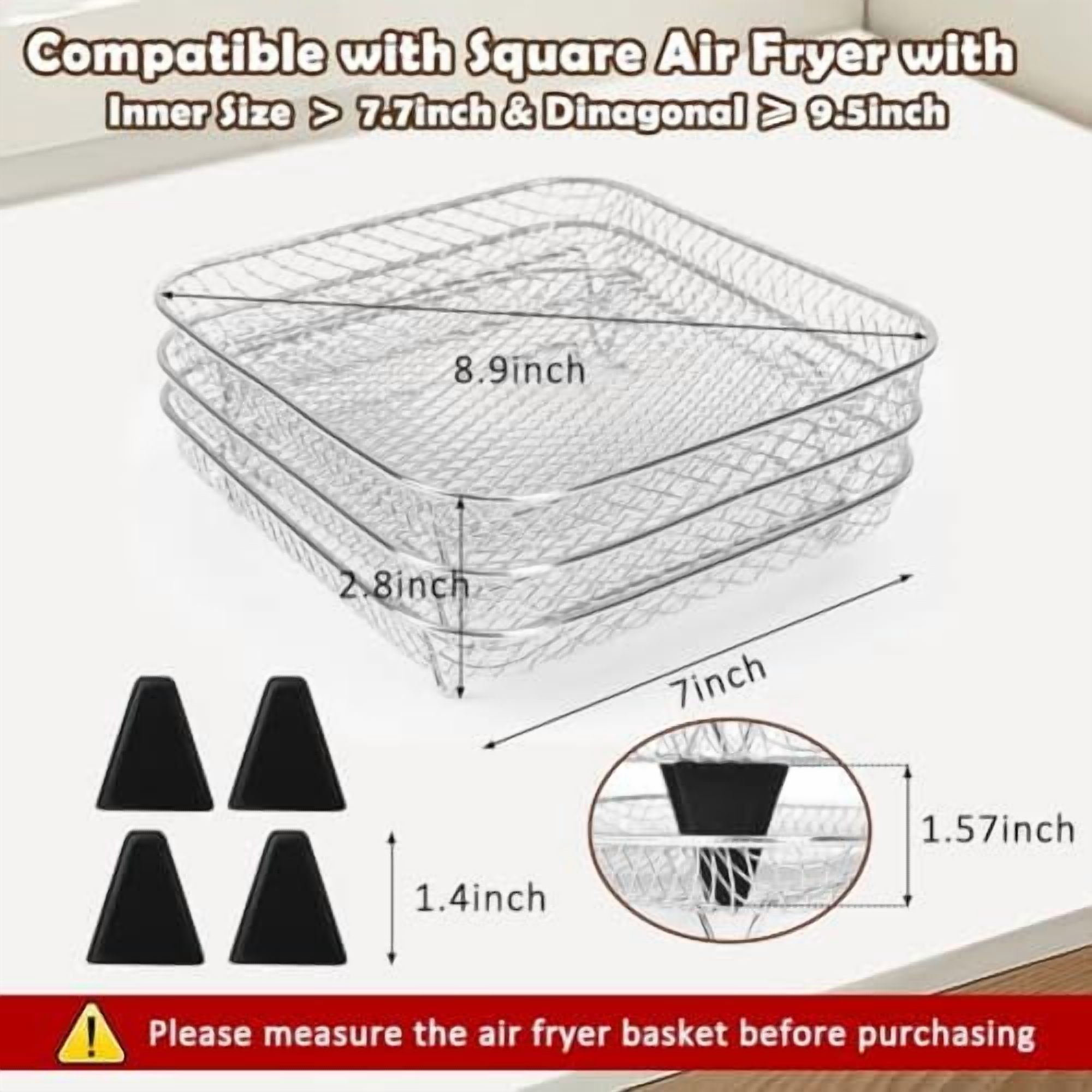 7 Inch Air Fryer Rack Fit for Ninja Crispi/Ninja Pro 5QT/ Cosori 5QT/ Chefman 5-6QT Airfryer &More, Air Fryer Accessories, 3pcs Stackable Stainless Steel Airfryer Basket with Silicon Feet