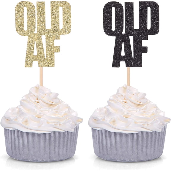 Gold & Black Glitter OLD AF Cupcake Toppers, 12 Pack Funny Birthday Picks for Adults, Over the Hill Party Cake Decor Supplies