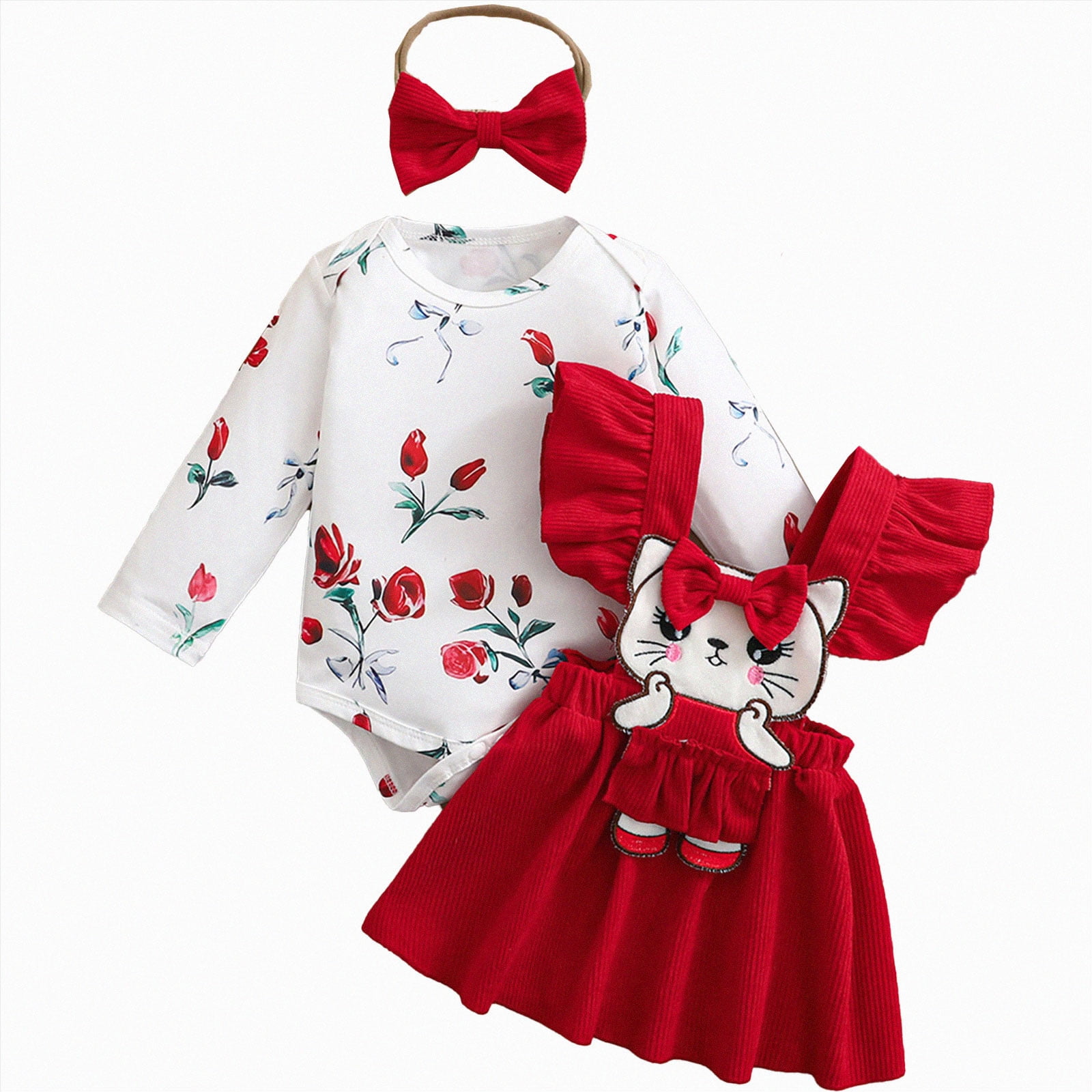 CAICJ98 Newborn Baby Girl Clothes Long Sleeve Romper Suspender Skirt Overall Dress with Headband 3Pcs Clothes Set,Size 3-6 Months