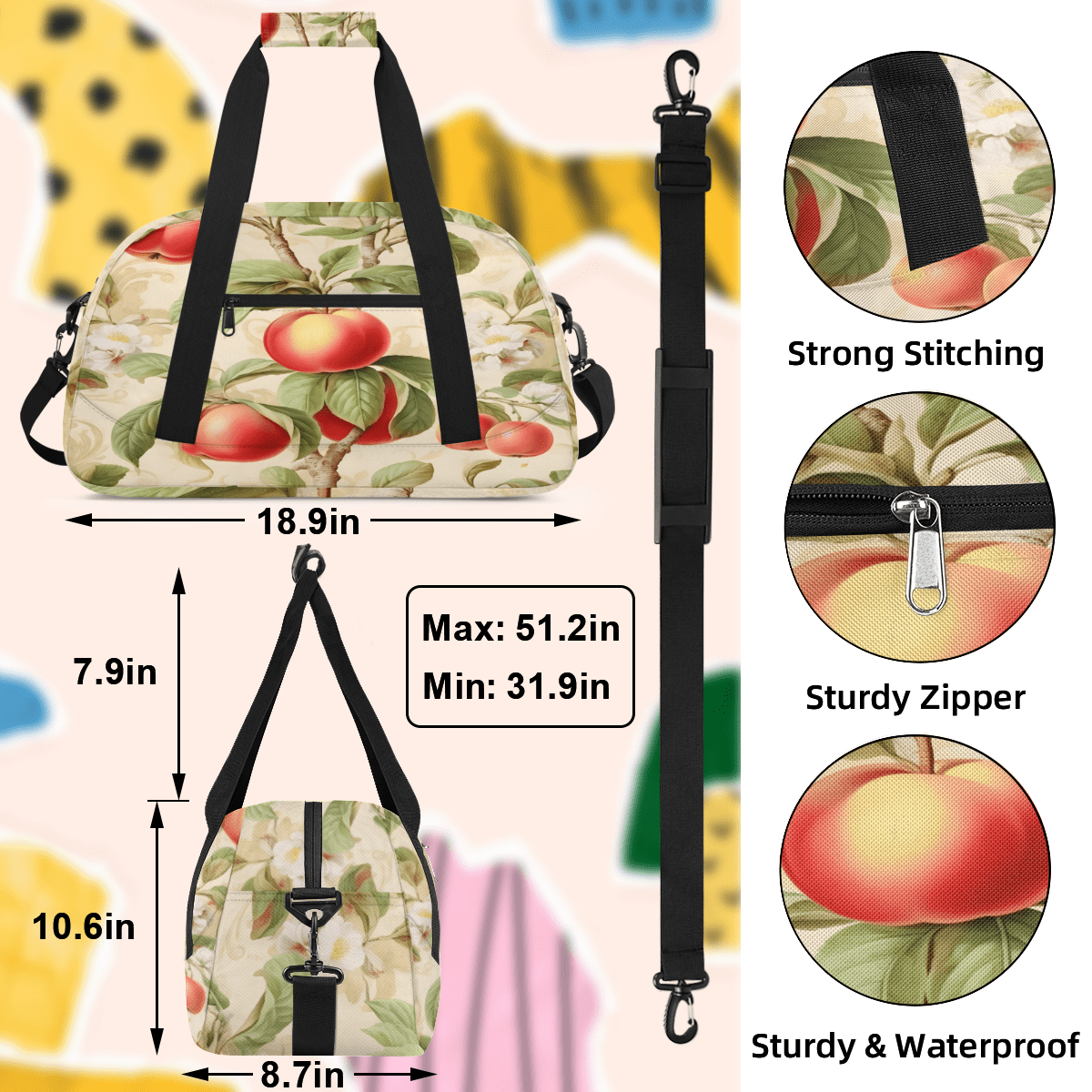 Herdesigns Apples Fruits Sports Duffle Bag for Women & Men, Apples Leaves Gym Bag Dance Bag Overnight Bag Carry On Weekender Travel Bag