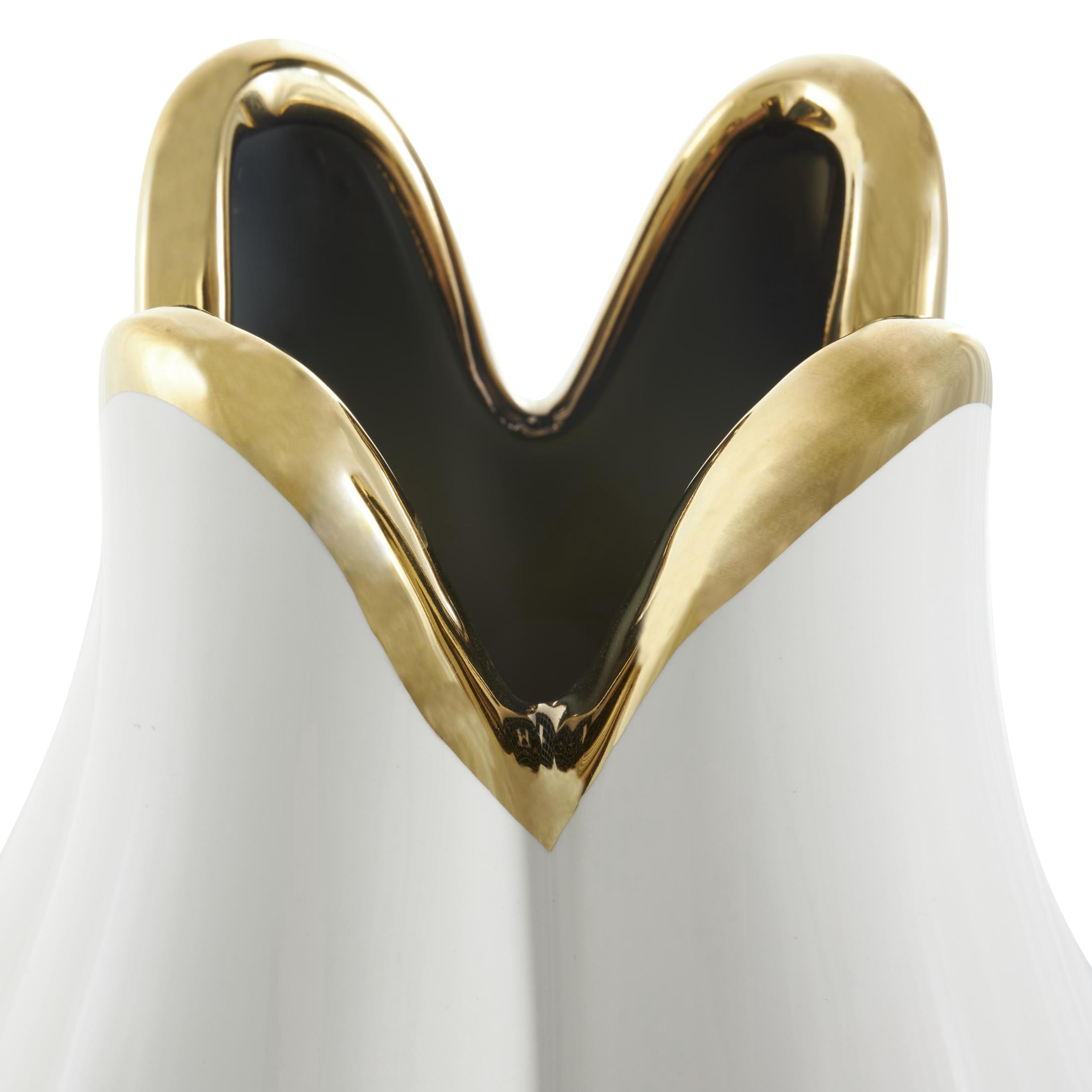 DecMode 16" Floral Dimensional Shaped White Ceramic Vase with Metallic Gold Rim