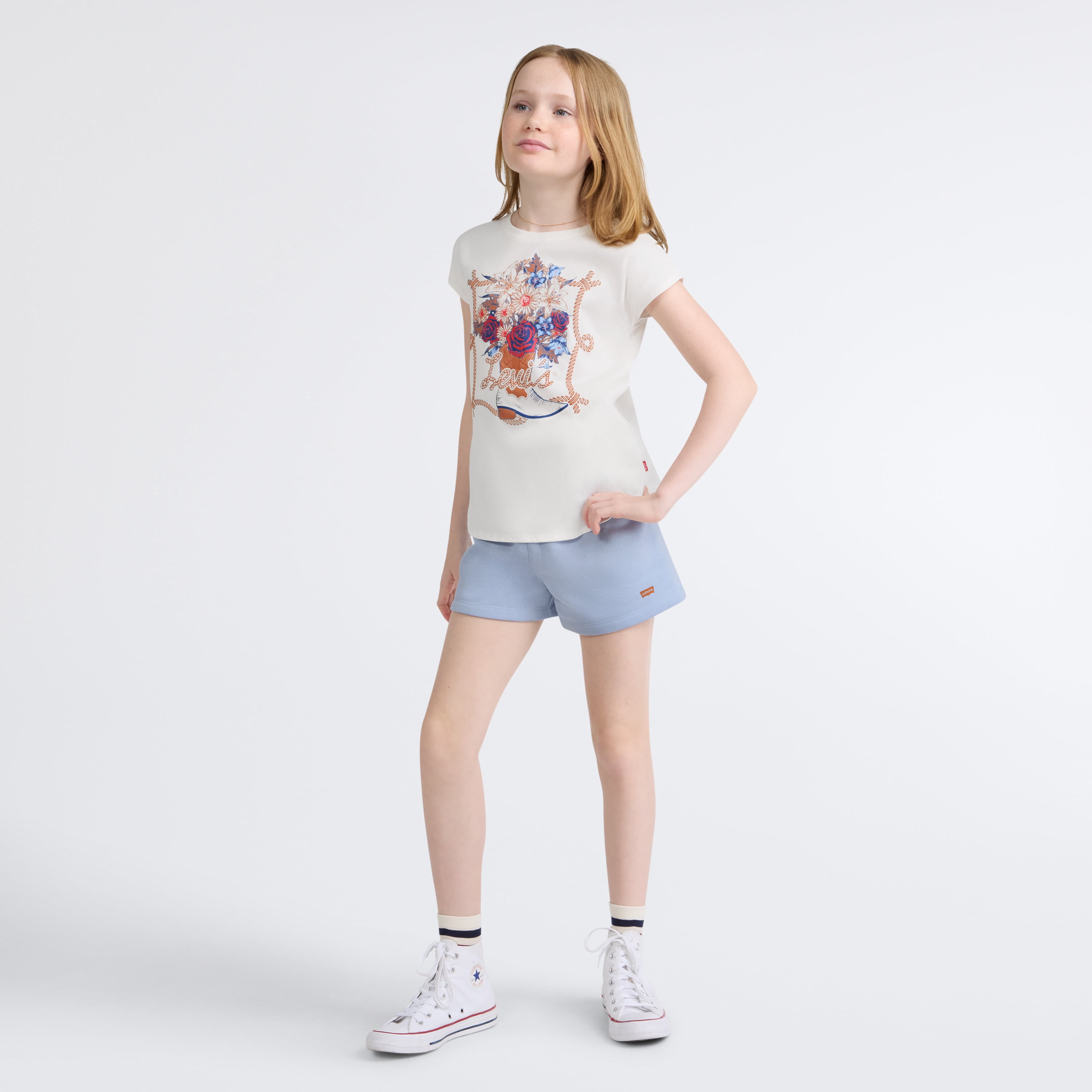 Levi Girls Short Sleeve Tee and Heathered Short Set, Size 7-16