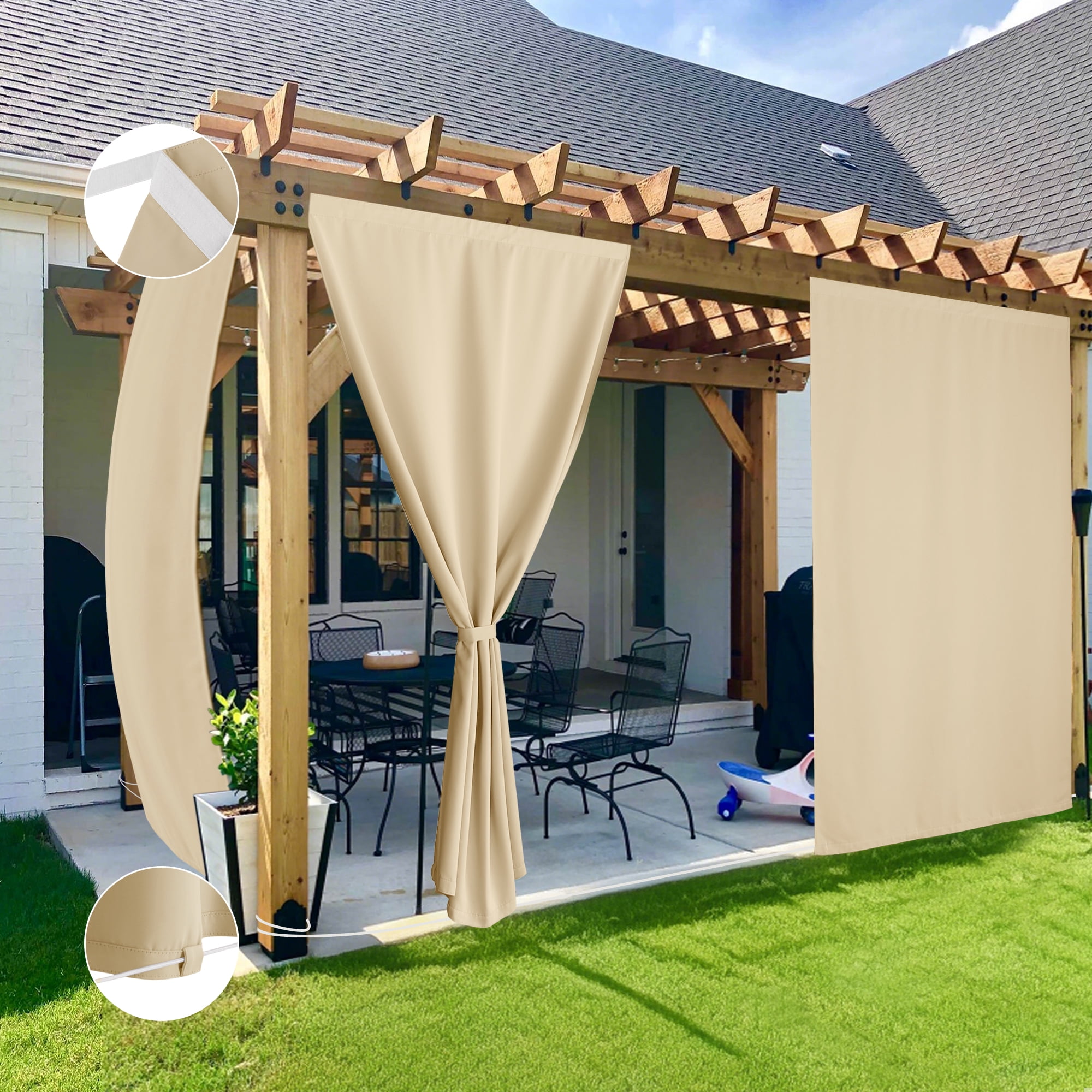 NICETOWN 2 Panels Rod-Free Outdoor Curtain for Patio Waterproof, Sticky Top & Backtab Bottom with Free Rope Windproof Privacy for Gazebo/Porch, Biscotti Beige, W52 x L84