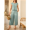 thumbnail image 5 of SHEWIN Outfits Sets for Women Textured Matching Set Sweatsuit Summer Crew Neck Cap Sleeve Tops Wide Leg Pants Basic Outfits, 5 of 9