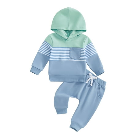 

Wilcliar Baby Boys Autumn 2PCS Outfit Long Sleeve Striped Hoodie Solid Color Drawstring Pants Sets