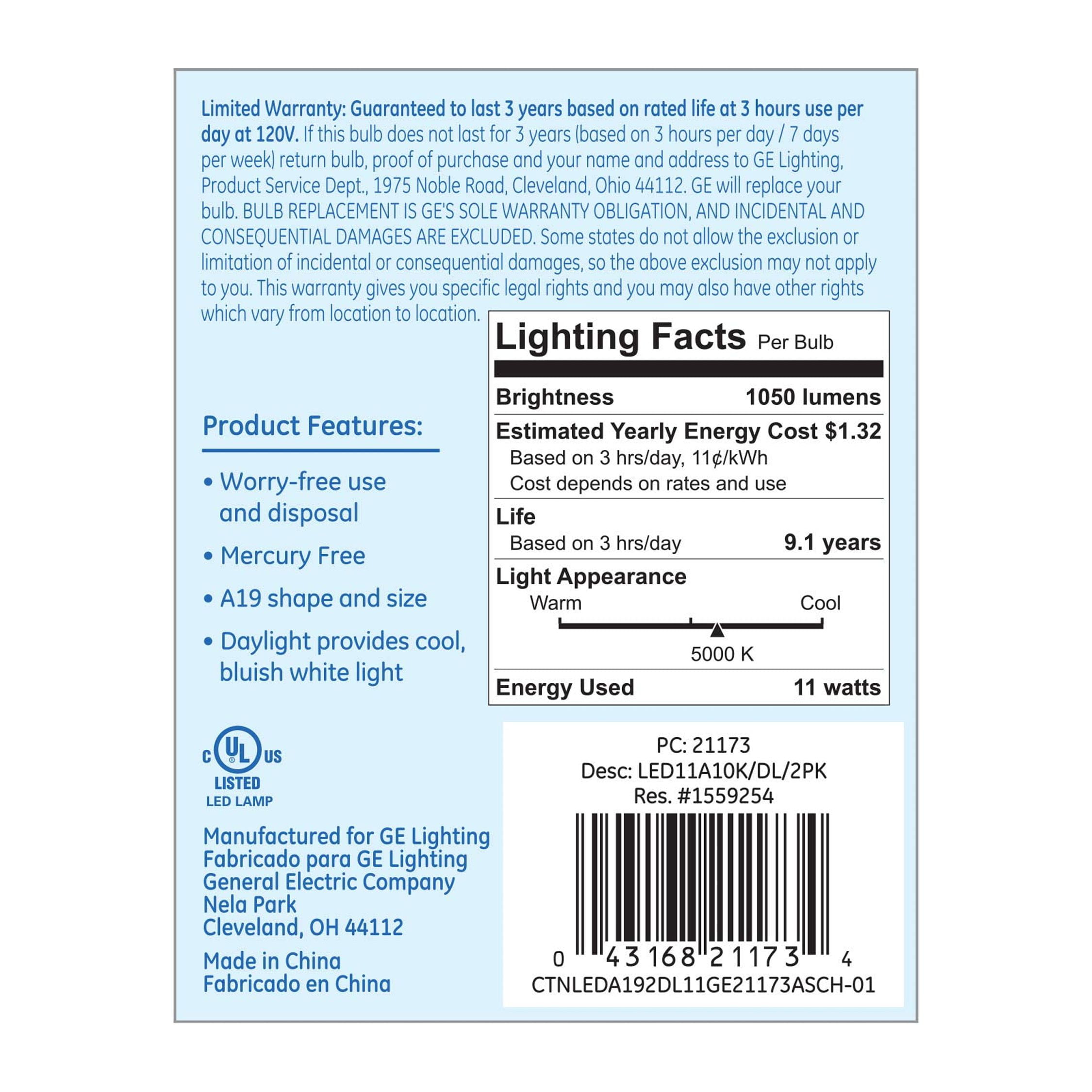 (6 bulbs) GE Lighting 21173 General Purpose Classic Shape A19 LED 11watt light bulb (75-Watt Replacement), 1050-Lumen, Medium Base, Frosted Daylight