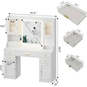 White Makeup Vanity Desk with Mirror and Lights, Large Vanity Table Set with Charging Station, Dressing Table with RGB Cabinets, Makeup Vanity Mirror with Lights Desk and Drawers, 3 LED Lights Modes
