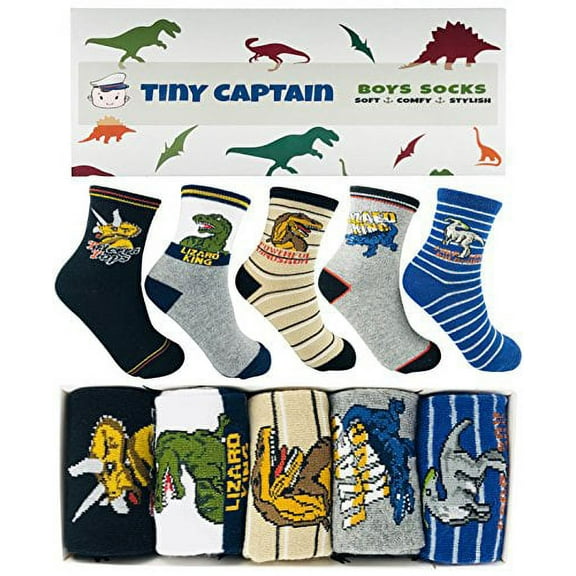 Tiny Captain Boys and Girls Dinosaur Socks Ages 4-6 & 7-10 Year Old Crew Socks Age 4 Kids Gift Set