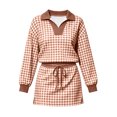 thumbnail image 7 of Women's 2 Piece Plaid Outfits Long Sleeve Collar V Neck Sweatshirt and Drawstring Mini Skirt Lounge Sets Casual Fall Winter Tracksuit Matching Set Brown, 7 of 7