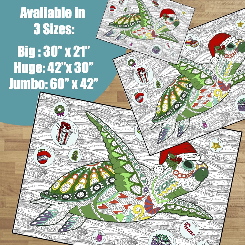 Giant Coloring Poster - Premium Jumbo Coloring Sheets for Kids & Adults with Thick Bleed-Resistant Pages, Use on Floor, Wall, or Table, Use With Alcohol Based Markers (60” x 42”, ChristmasTurtle)
