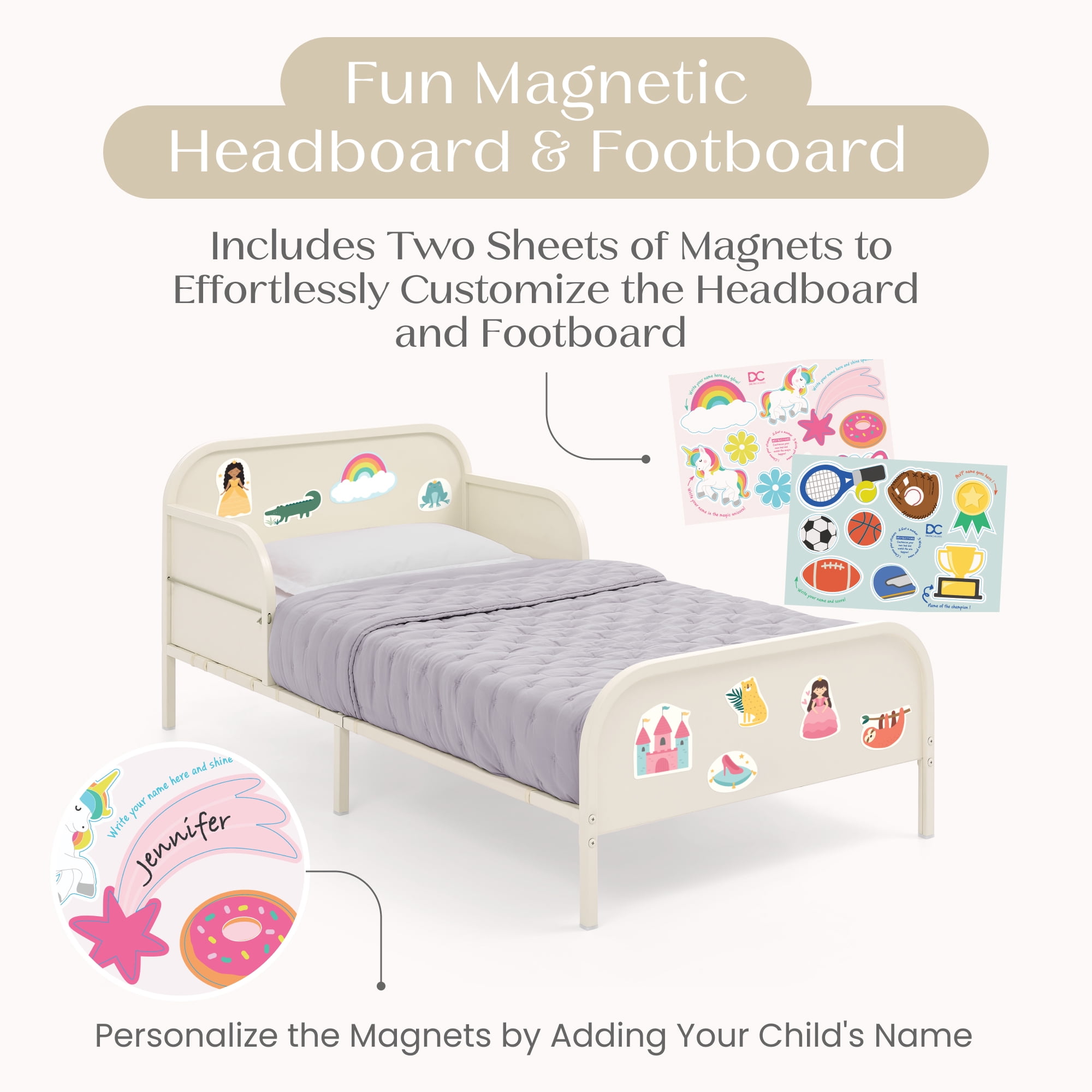 Delta Children Magic Magnet Toddler Bed with Customizable Magnets & Built-In Book Storage, Oatmeal