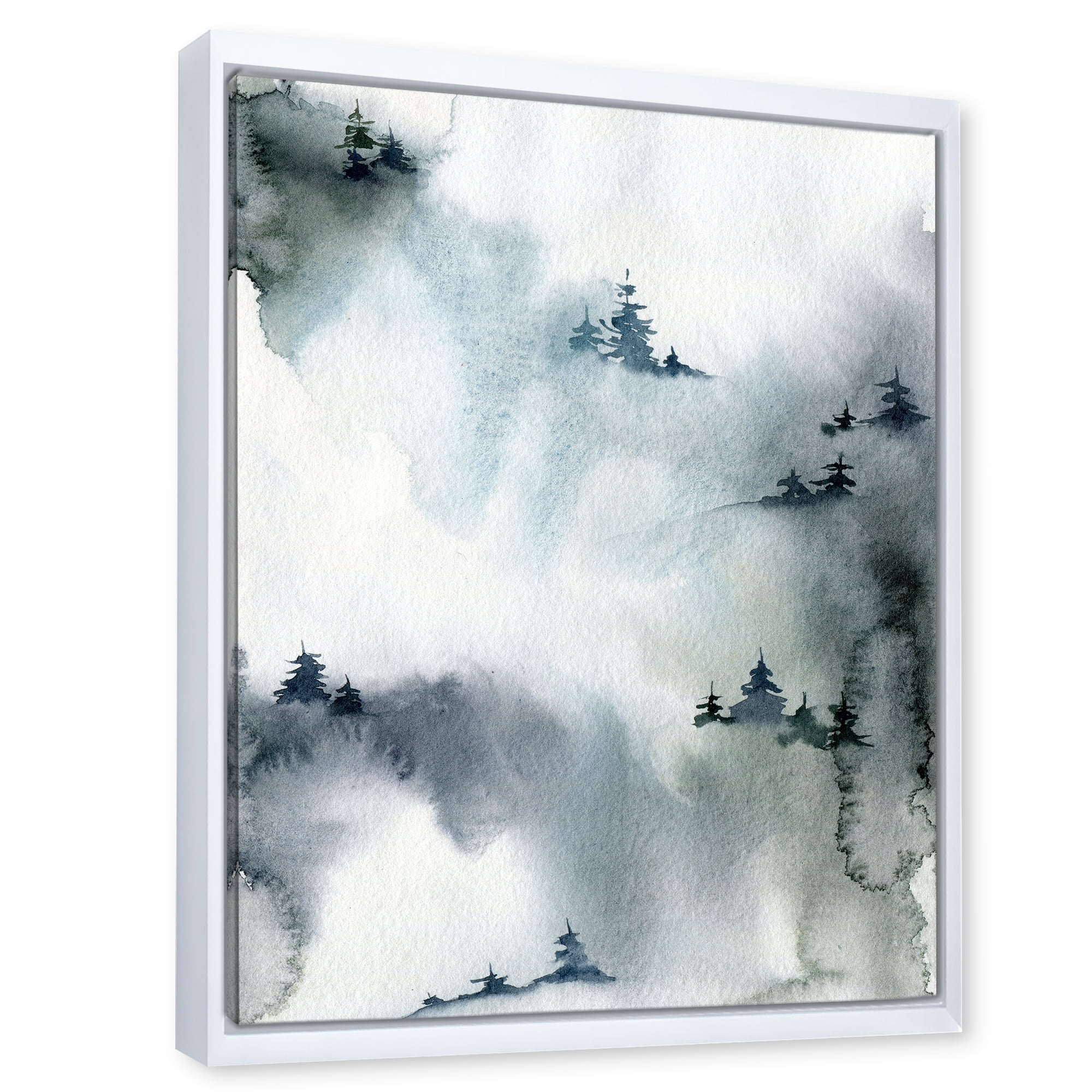 Designart 'Minimalistic Snowy Fir Trees With Winter Forest' Modern Framed Canvas Wall Art Print