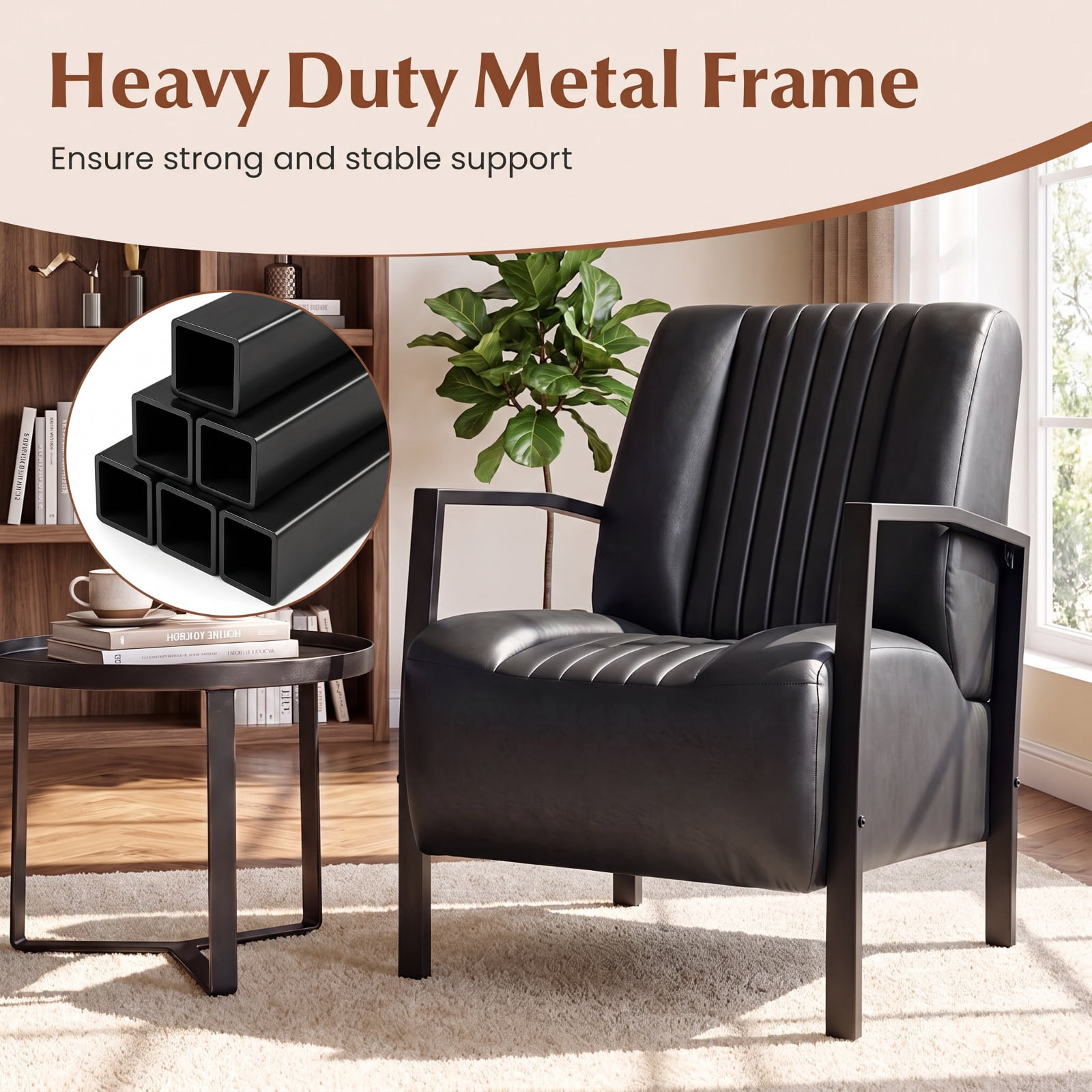 Furnibear PU Leather Upholstered Armchair with Padded Seat Back Ergonomic Support and Metal Legs Comfy Lounge Reading Chair for Living Room, Black