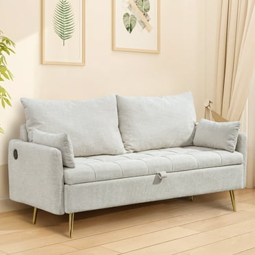 60'' Modern Linen Fabric Loveseat Sofa with Storage Space, 2 Seater Couch with Metal Legs, USB Ports & Type C, Upholstered Button Tufted Loveseat with Pillows for Small Spaces, Living Room, Bedroom