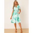 thumbnail image 3 of Vestido de mujer con estampado de hojas tropicales, cuello de solapa, manga corta, cuello en V, cinturón, vestido de camisa con botones Verde claro M, 3 of 6