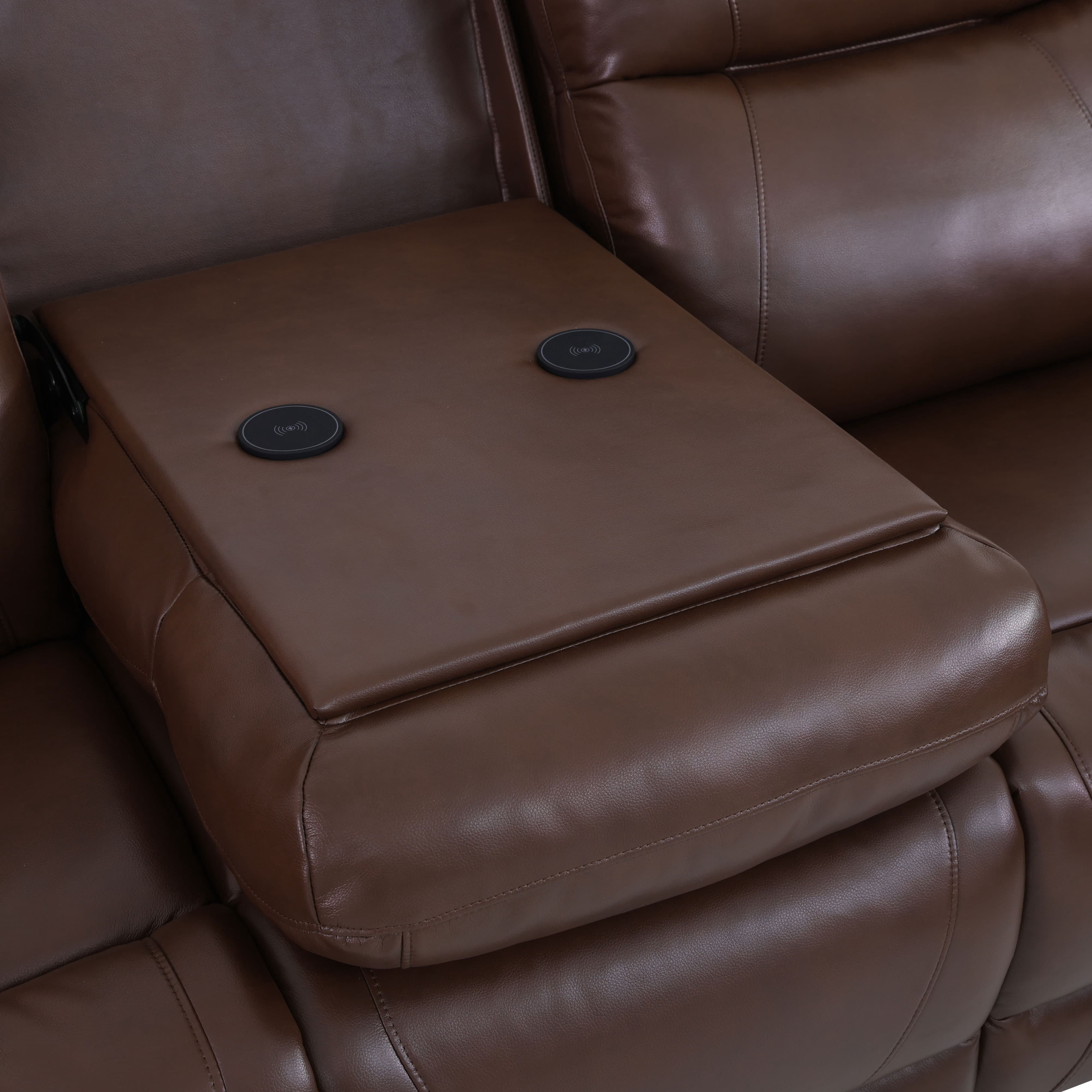 MAYEERTY Power Reclining Sofa, Electric 3-Seat Breathable Leather Recliner with USB Charging, Reversible Table & LED for Living Room, Reddish Brown