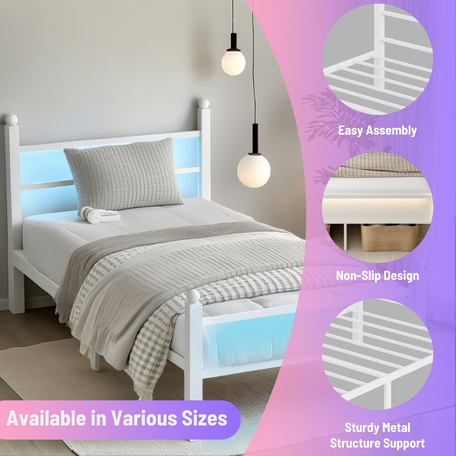 Chuangshuo Guard Twin Size Bed Frame with LED Storage Headboard Shelf , Metal Platform Bed, Noise-Free, White