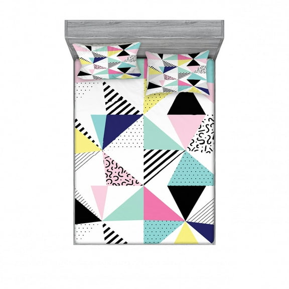 Eighties Fitted Sheet & Pillow Sham Set, Retro Memphis Style Pattern with Geometrical Shapes Funky Hipster Old Fashioned, Decorative Printed 3 Piece Bedding Decor Set, Queen, Pink Teal, by Ambesonne