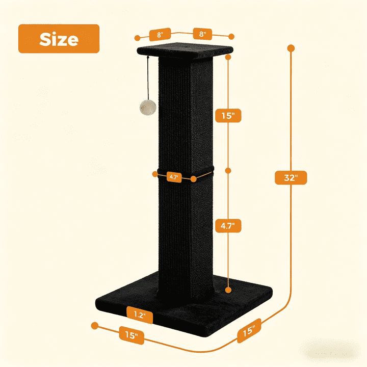 PAWZ Road 32" Tall Cat Scratching Post for Indoor Cats - Durable Cat Scratcher with Wide Base, Black