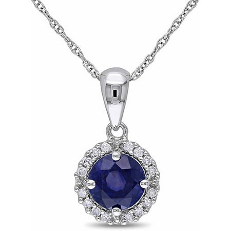 1-1/10 Carat T.G.W. Sapphire and Diamond Accent 10kt White Gold Halo Pendant, 17