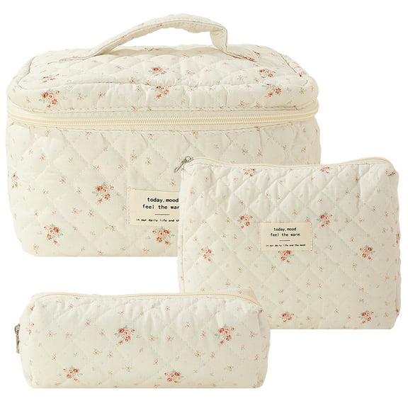 3Pcs Quilted Cute Makeup Bag Printed Women Cotton Daily Purse Set (Small Flower)