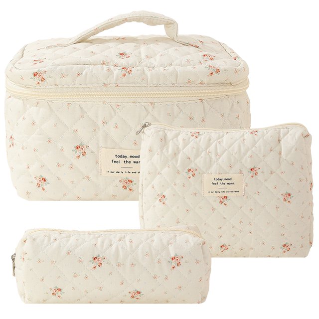 (Portátil + Estuche + Cosméticos Mediana) Almacenamiento para Cosméticos 3 Piezas 4 Fondo Blanco Flores Pequeñas