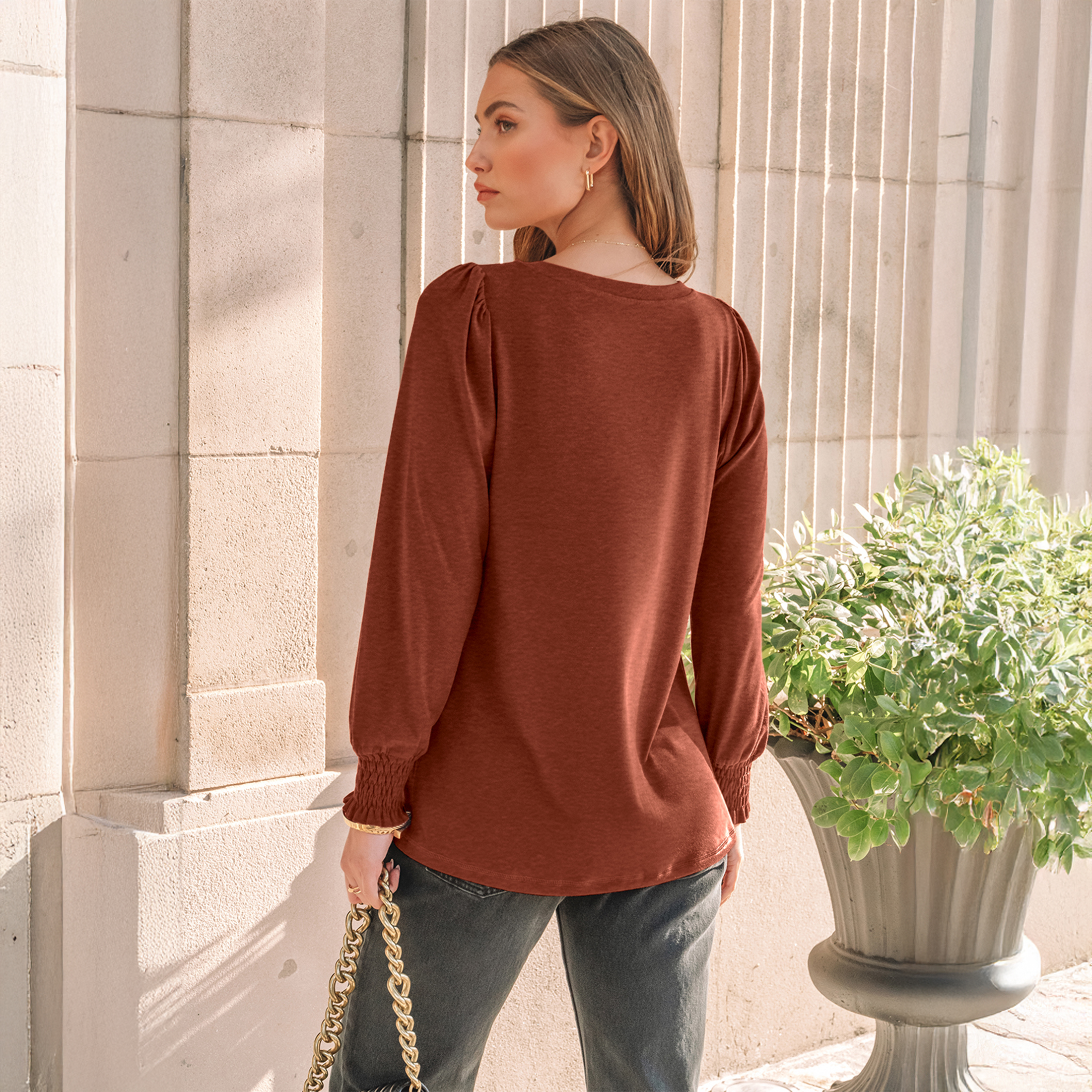 SUNBS Women's Pleated Long Sleeve Blouse, Orange photo 6