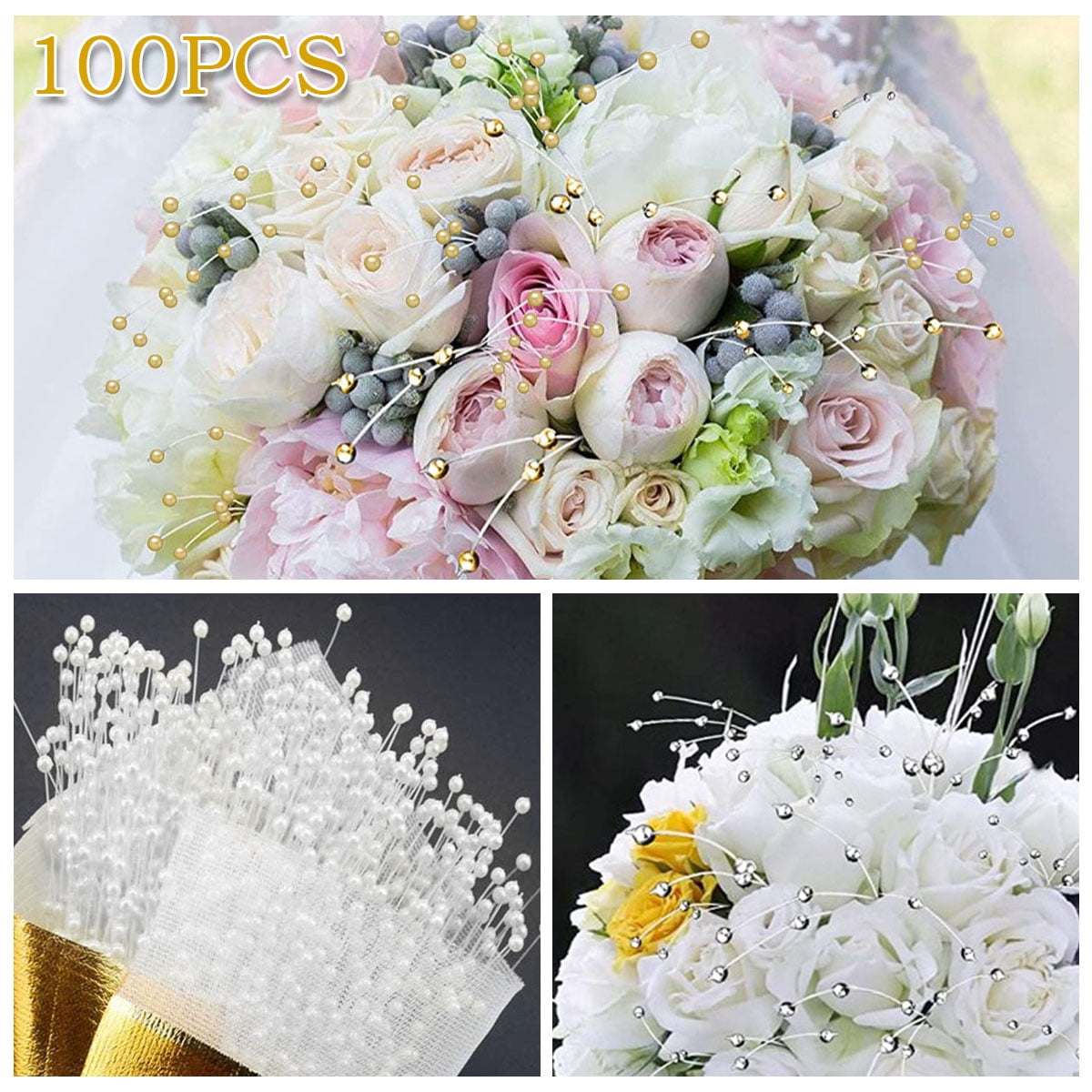 U-N KIKEEP 4mm Pearls String Wedding Bouquet Floral Beaded Sticks Pearl Sticks Beading on Wire Stems for DIY Garland Bridal Wedding Pearl Bouquet 100Pack White, 100 