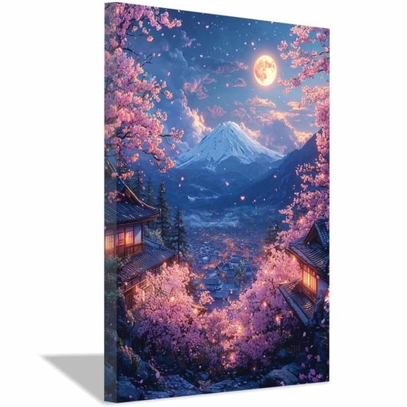 Mudket Mount Cherry Blossom Canvas Wall Art, Framed Floral Landscape Print, Japanese Style Wall Decor for Living Room, Ready to Hang - 12"L x 8"W