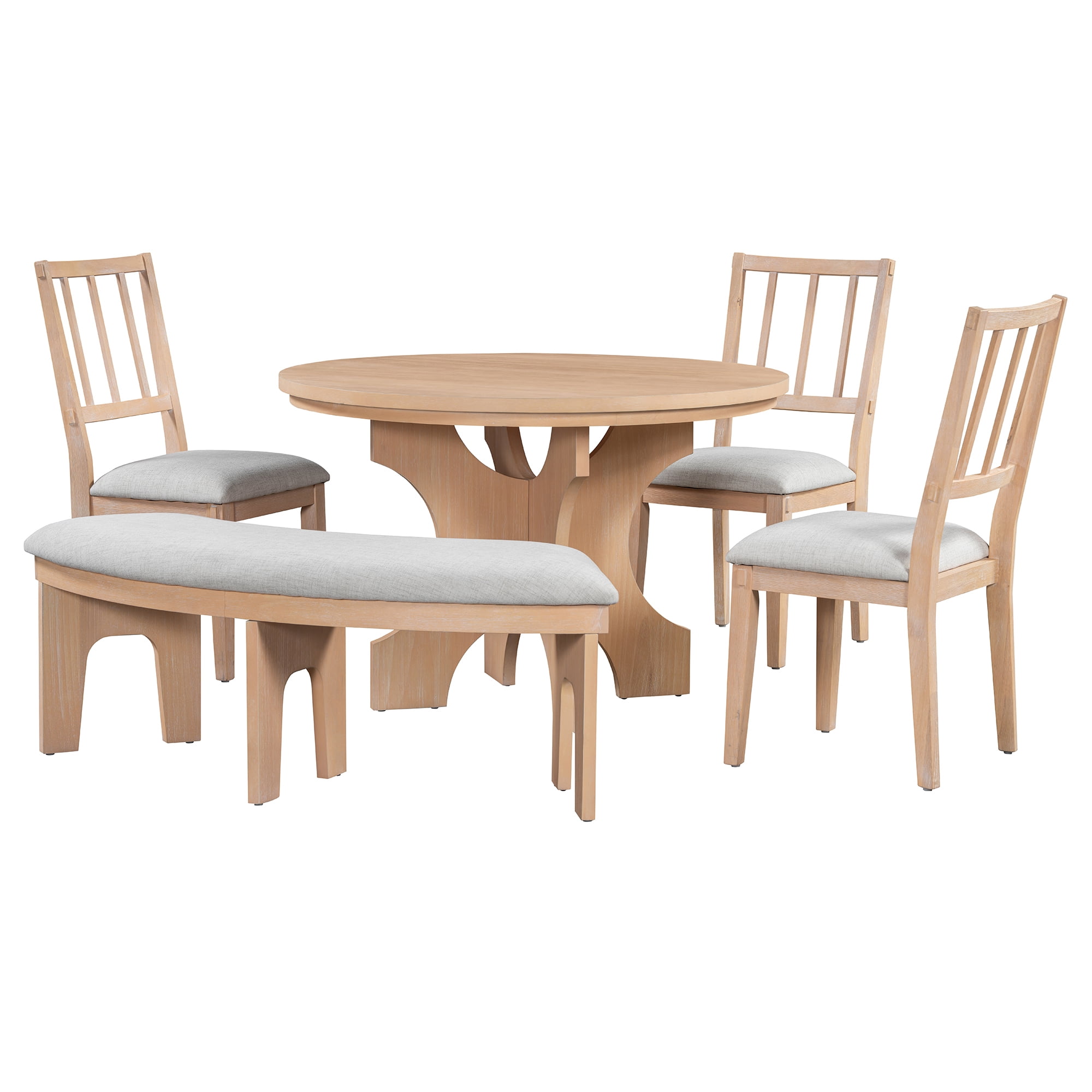 Euroco 5-Piece Round Dining Set,Rustic Kitchen Table Set with 3 Upholstered Chairs and Curved Bench for Dining Room/Kitchen/Living Room,Natural