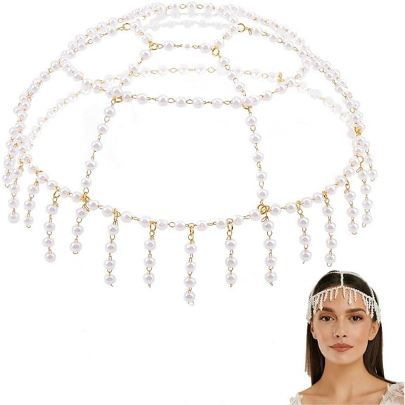 Pearl Bead Headpiece White Plastic Vintage Gold Bridal Jewelry Roaring 1920s Gatsby Flapper Caps Head Chain for Wedding Costume Art Deco Party Women Hair Accessories Plastic