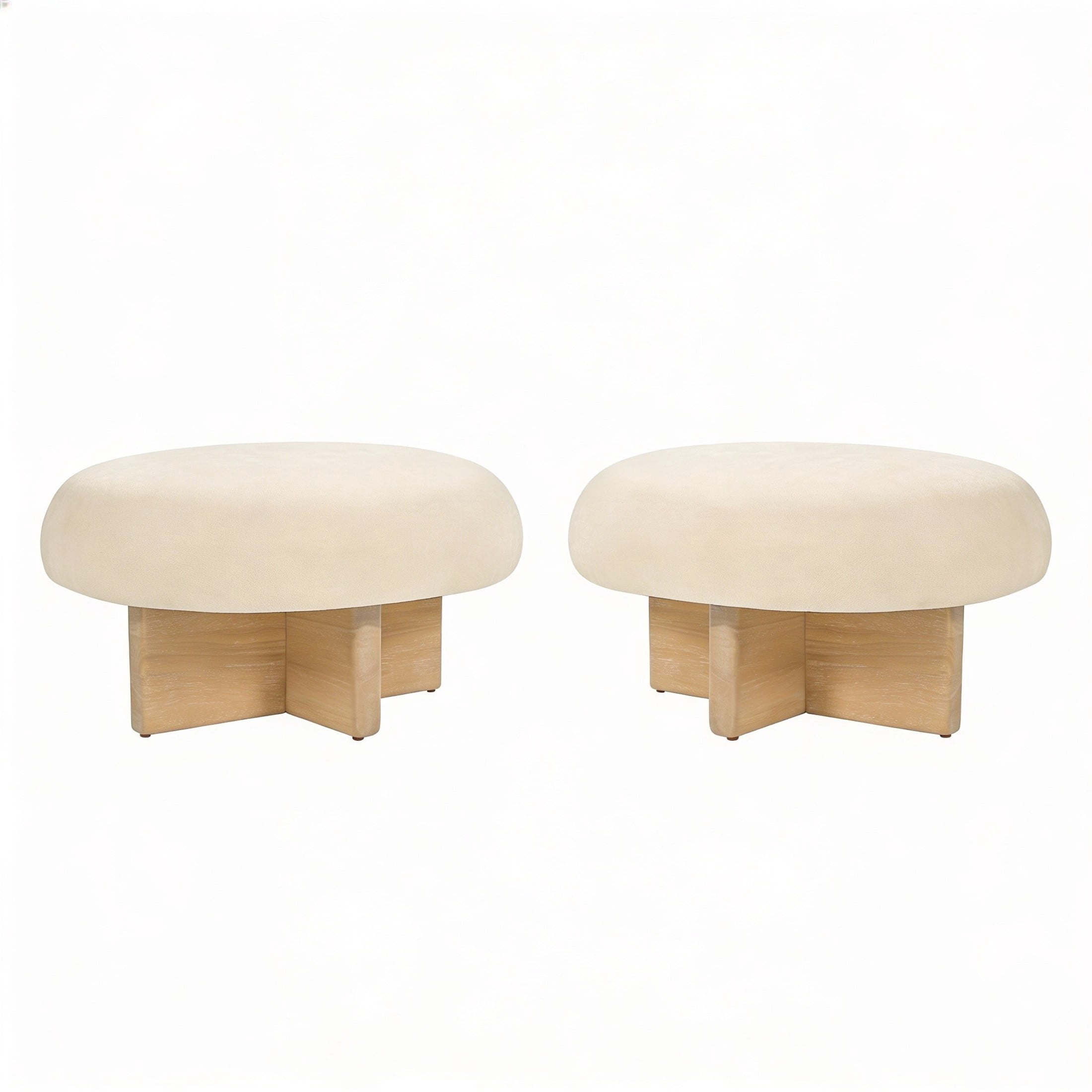 Christopher Knight Home Round Mushroom Upholstered Ottoman Stools, Set of 2, Beige + Natural