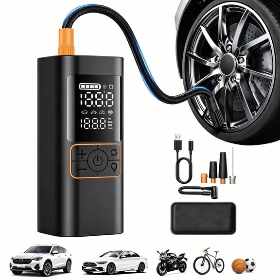 Apenet 6000mAh Portable Tire Inflator — 4x Faster Inflation Speed ​​— Suitable for Cars, Trucks, Bicycles, and Motorcycles | Features Auto Shut-off and LED Lighting for Emergency Roadside Assistance