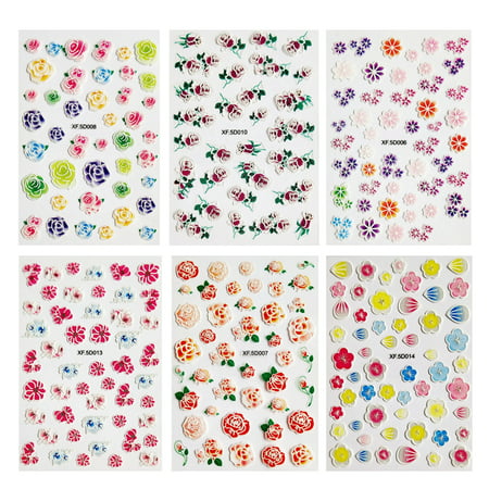 6 Sheets 5D Stereoscopic Embossed Flowers Nail Stickers DIY Nail Decal ...