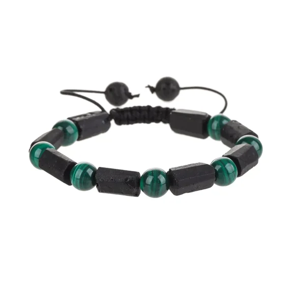 Black Tourmaline Bracelet with Malachite Beads, Handmade Natural Stone Adjustable Bracelet, Men's and Women's Jewelry