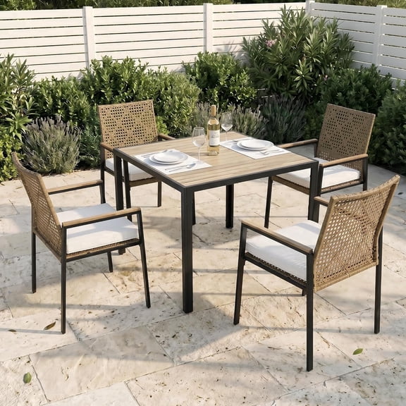 Beefurni Patio Dining Set, 5 Piece Wicker Outdoor Furniture with Steel Frame Table