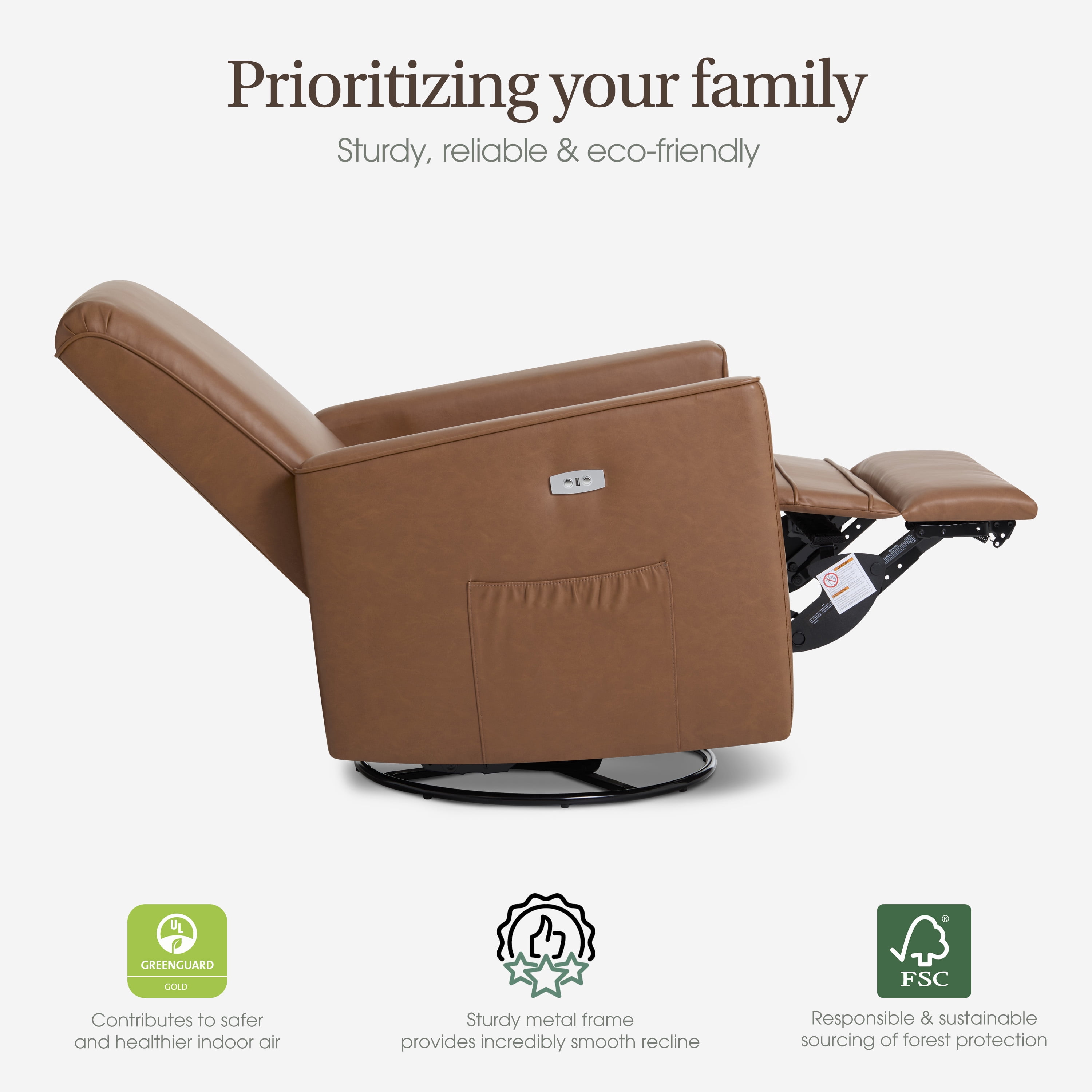Evolur Harlow Deluxe Upholstered Plush Seating Glider Swivel, Power Recliner with USB Port, Greenguard Gold Certified, Glider Chair for Nursery, Cognac