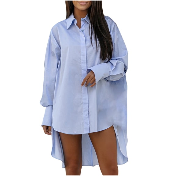 Scyoekwg Womens Long Sleeve Tops Fall Shirts Turndown Collar Shirts Autumn Tunic Tops Solid Color Casual Loose Fit Fashion 2024 Long Sleeves Blouses Lightweight Light Blue XL