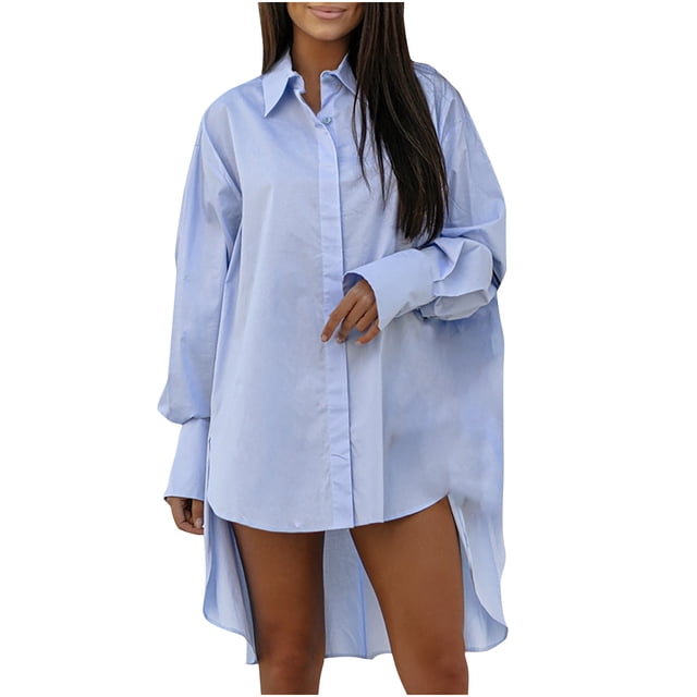 Hauts de Mode pour Femmes Col Rabattu Manches Longues Couleur Unie Chemise Décontractée Irrégulière Coupe Ample Tee Tops