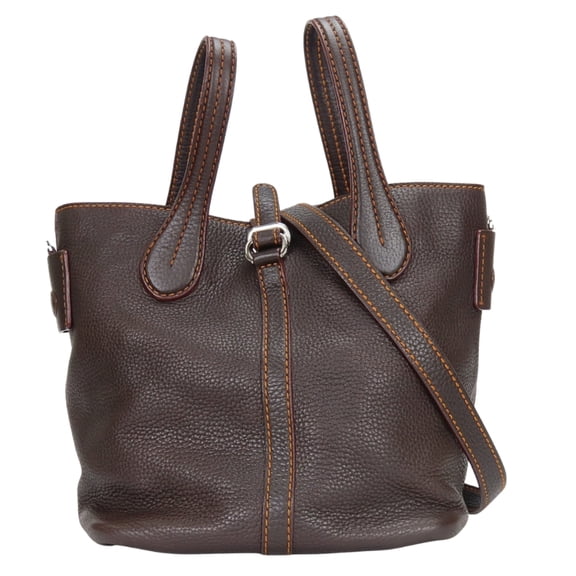 Pre-Owned Tod's handbag, stitched leather, dark brown and orange, silver hardware, shoulder...