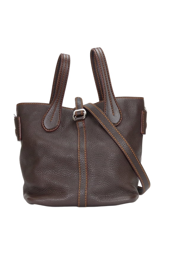 Pre-Owned Tod's handbag, stitched leather, dark brown and orange, silver hardware, shoulder...