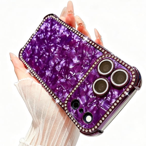 Mynvo Bling Case for Apple iPhone 18 Pro Max Case with Camera Lens Protector, Stylish Pearlescent Shell Pattern Glitter Rhinestone Phone Cover for Women Girls, Purple