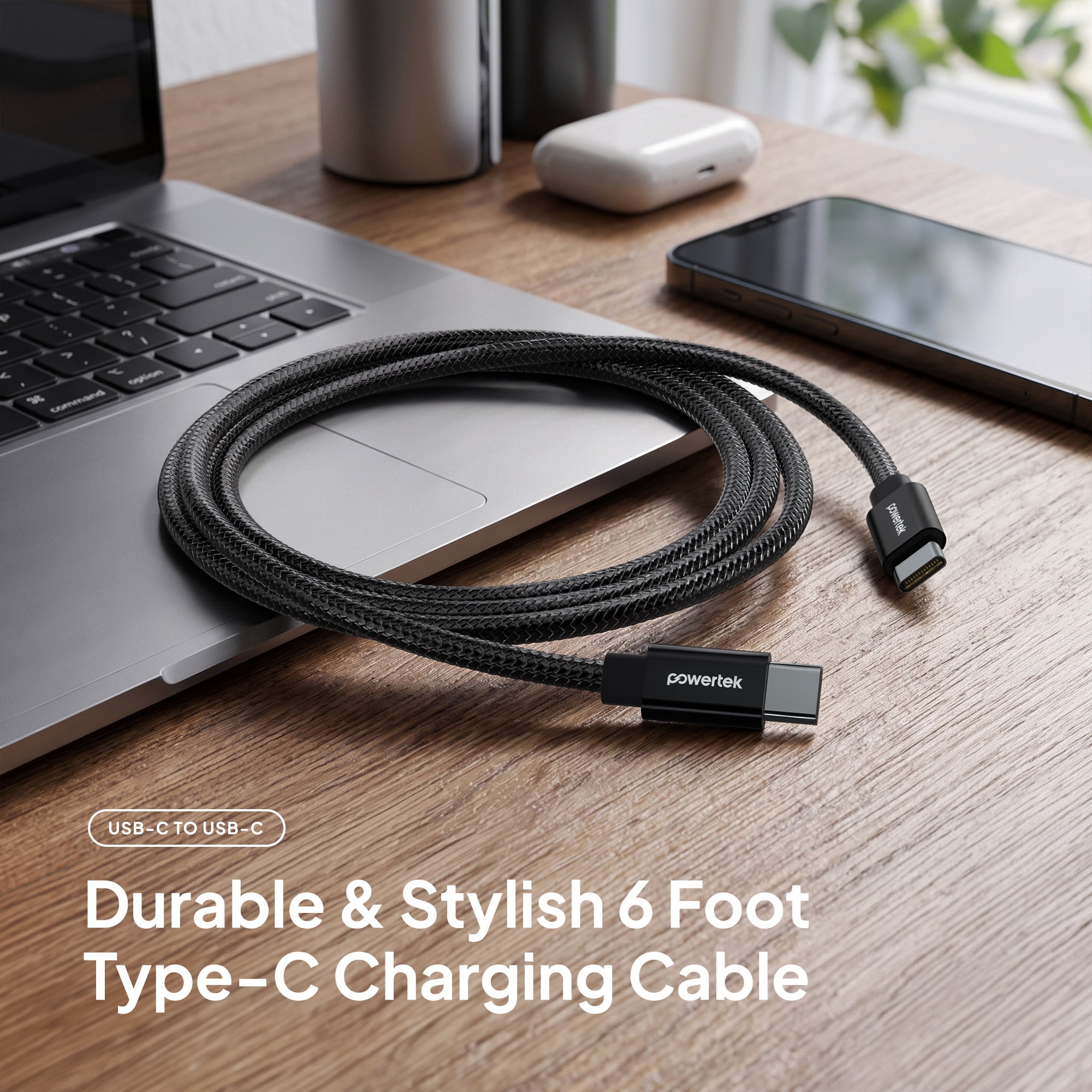 Powertek Luxe 6ft USB-C to USB-C Cable, Black, Fast Charge & Sync, Metallic Mesh PVC Jacket, Durable Tangle-Free Design