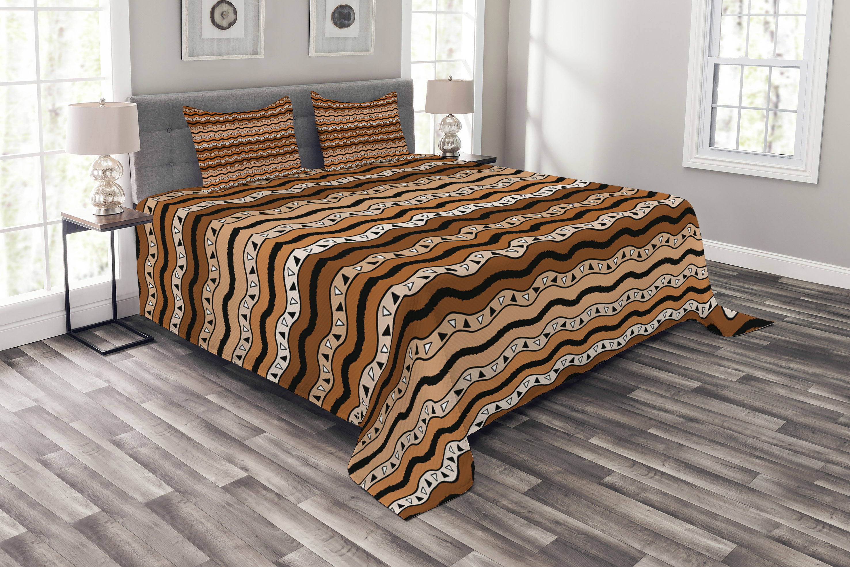 Zambia Bedspread Set Queen Size, Tribal Pattern with Wavy Lines