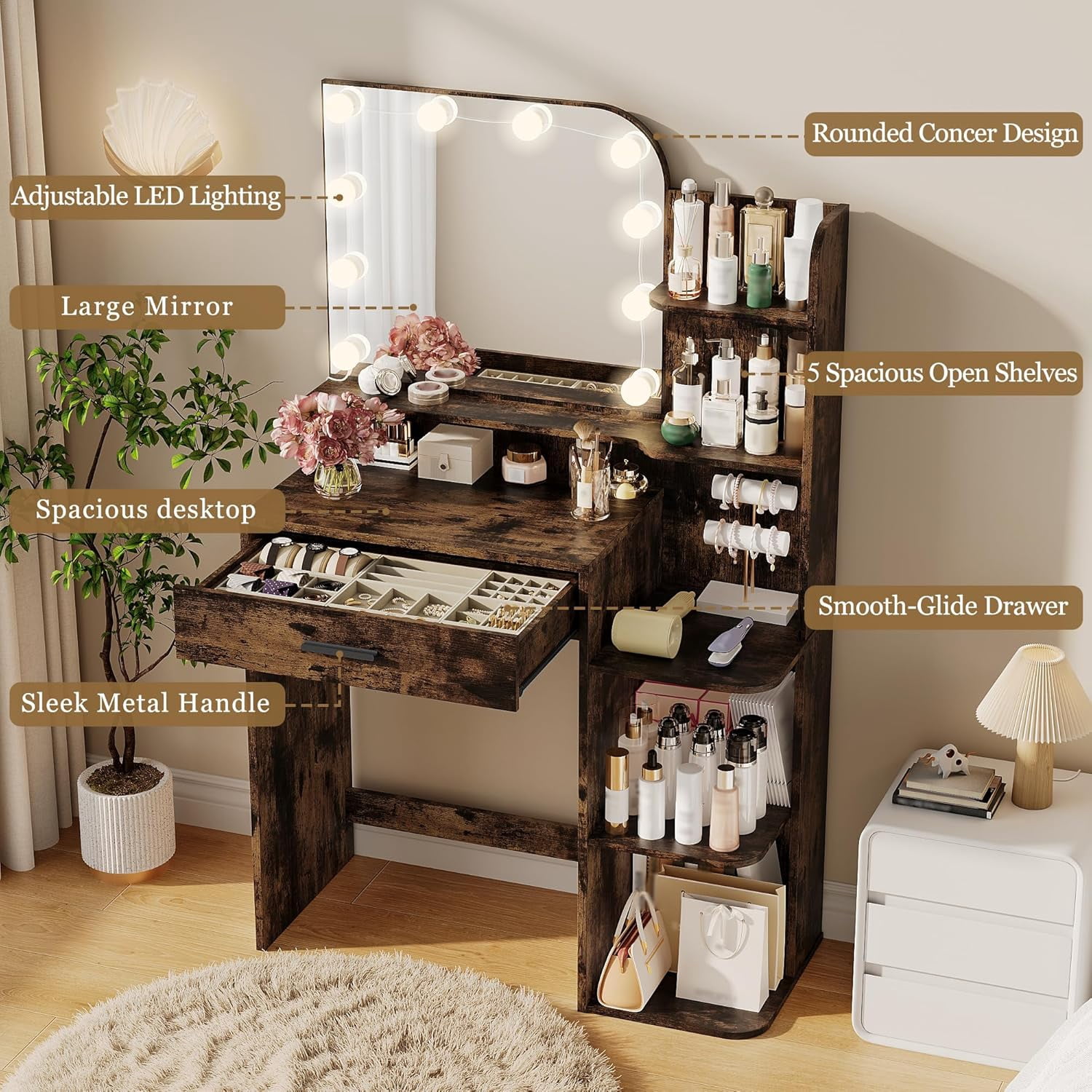 32" Makeup Vanity Desk with Mirror and Lights, 3 Lighting Colors, 5 Storage Shelves & Large Drawer, Brown Vanity Set for Bedroom, Girls and Women