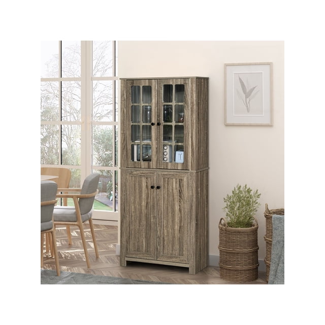 HOMCOM 71" Freestanding Kitchen Pantry Cabinet with Glass Door and Shelves, Tall Cupboard for Dining Room, Living Room, Natural